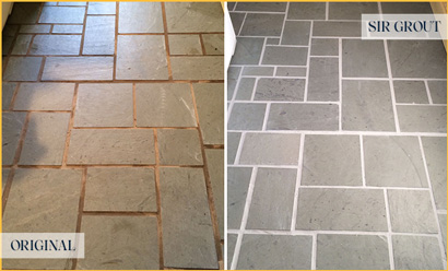 Slate Tiles Floor Before and After Cracked Grout Repair